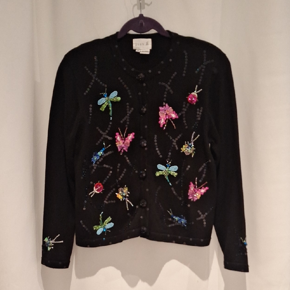 Just B Vintage Black Cardigan With Bedazzled Bugs  Dragonfly Size M